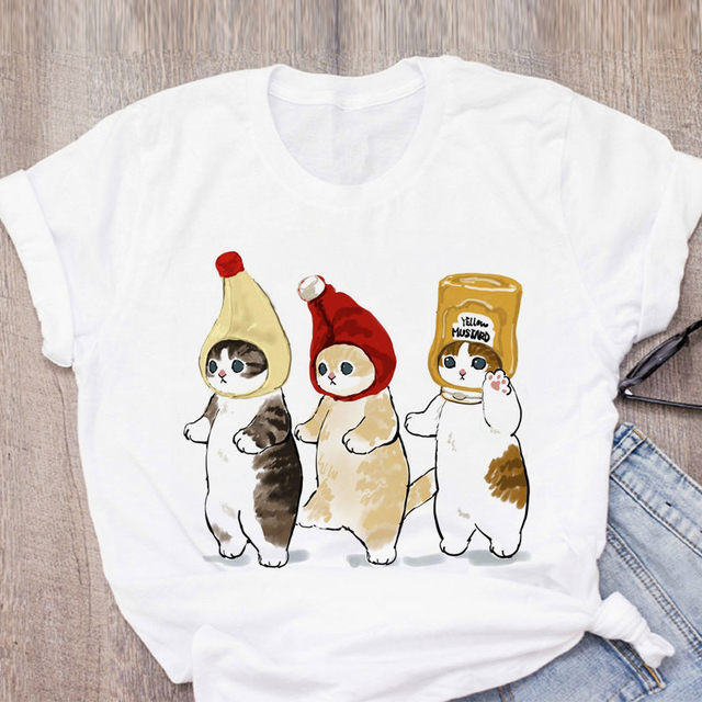 New Cute Women T-shirt Cartoon Cat Funny T-shirt Harajuku Graphic Ulzzang T- shirt 90s